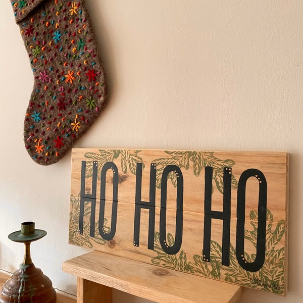 Christmas Oak Leaf Wooden Sign - HO HO HO