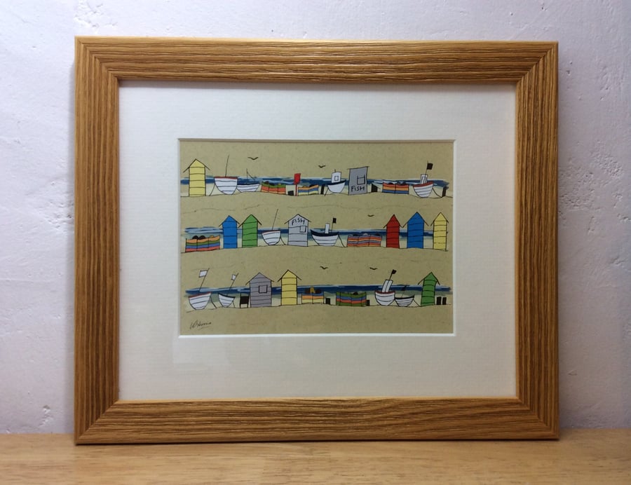 Beach huts and boats - framed print