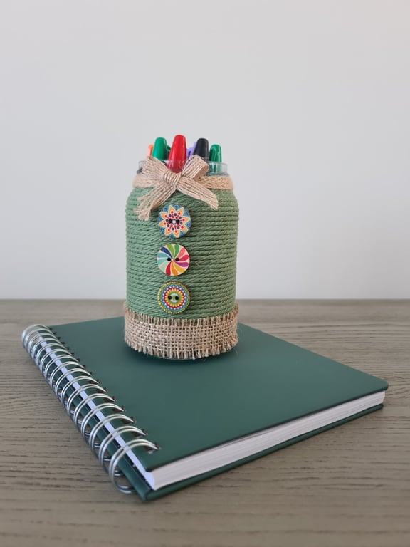 Green Rope Wrapped Jar-Colourful Button Detail-Rustic Home Decor-Handmade Gift