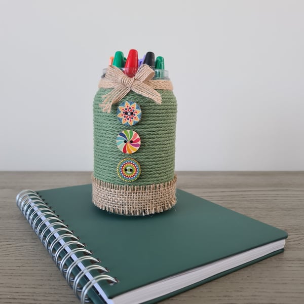 Green Rope Wrapped Jar-Colourful Button Detail-Rustic Home Decor-Handmade Gift