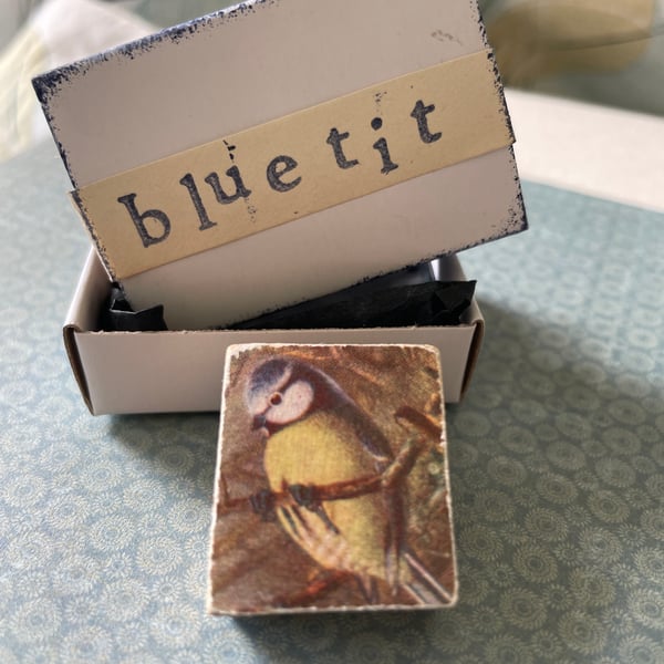 Blue Tit - Wooden Bird Block Brooch