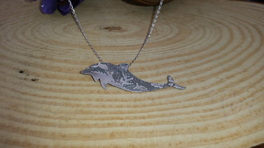 Sterling Silver Etched Sea Scene Dolphin Necklace