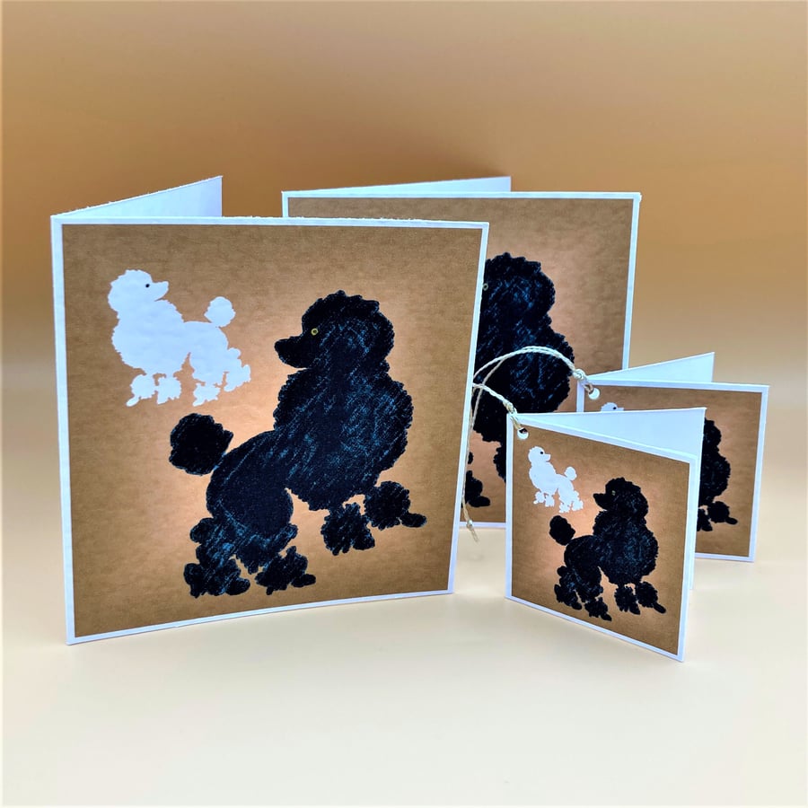 Pack of 2 'Prancing Poodles' Greetings Cards and gift tags, Special offer. 
