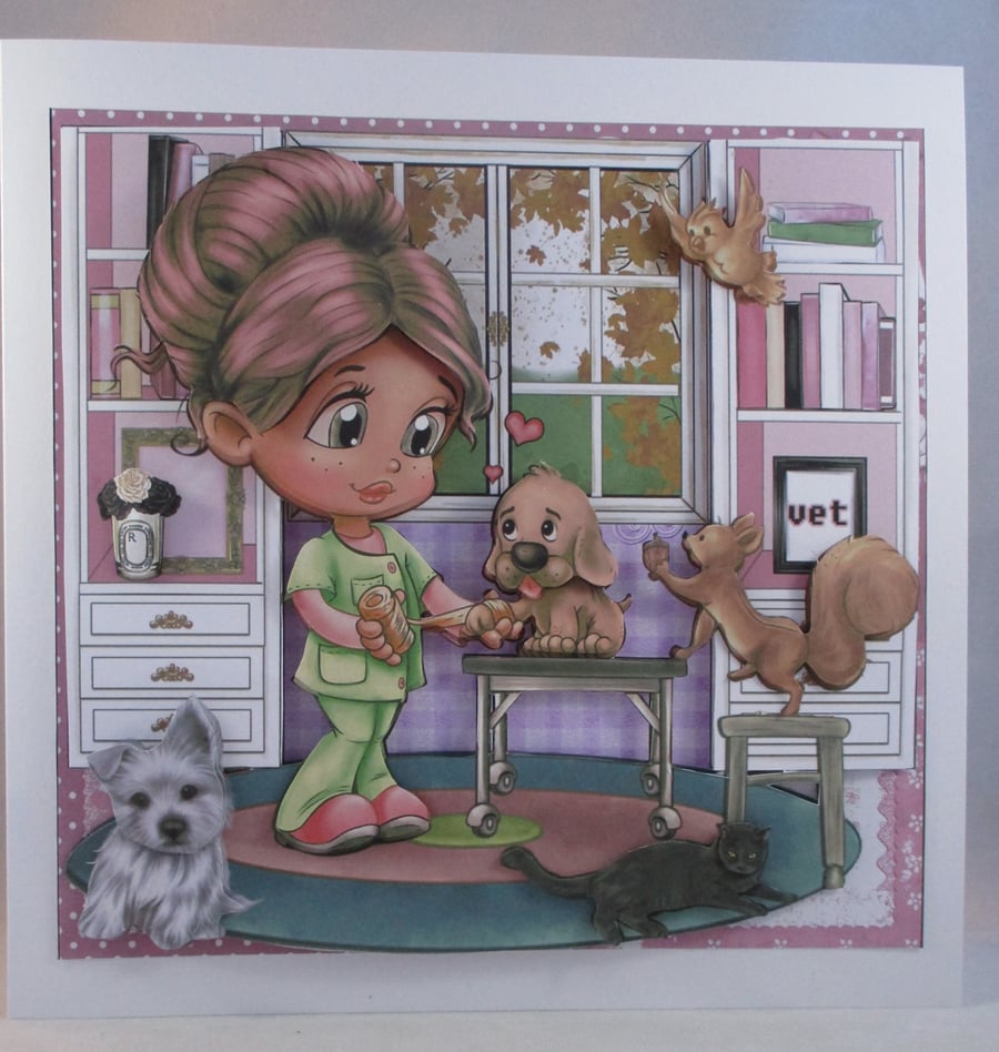 Decoupage Vet, Vet nurse Greetings Card,  Cute girl, Animals,3D, Personalise,