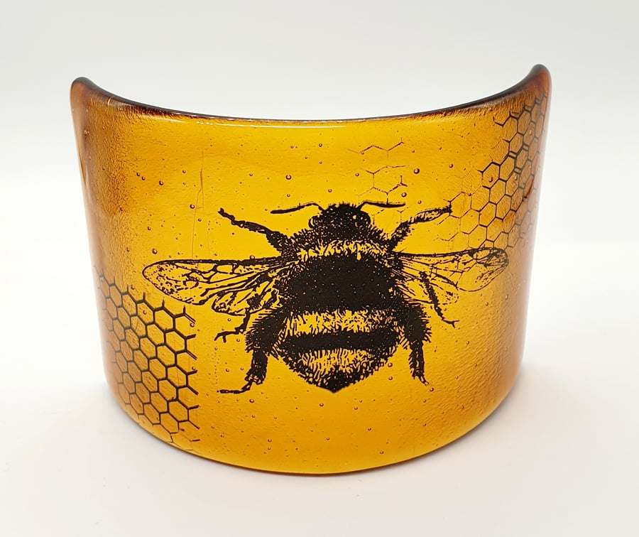 Amber Fused Glass Curved Tile with Bee & Honeycomb Design