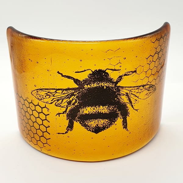 Amber Fused Glass Curved Tile with Bee & Honeycomb Design