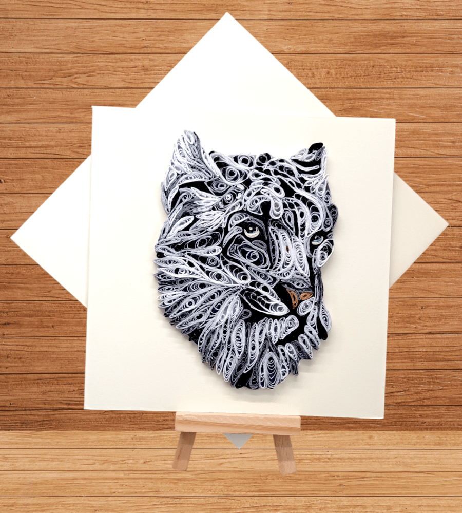 Stunning Snow Leopard quilled open greetings card 
