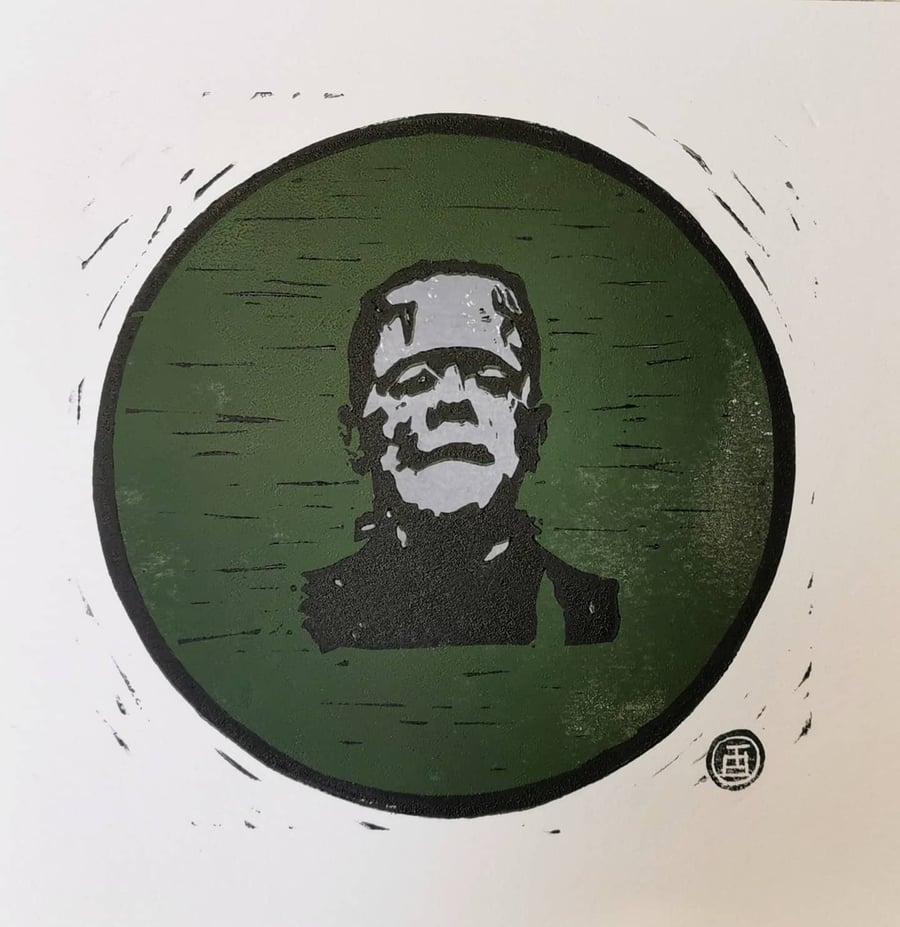 Frankenstein's monster linocut print.