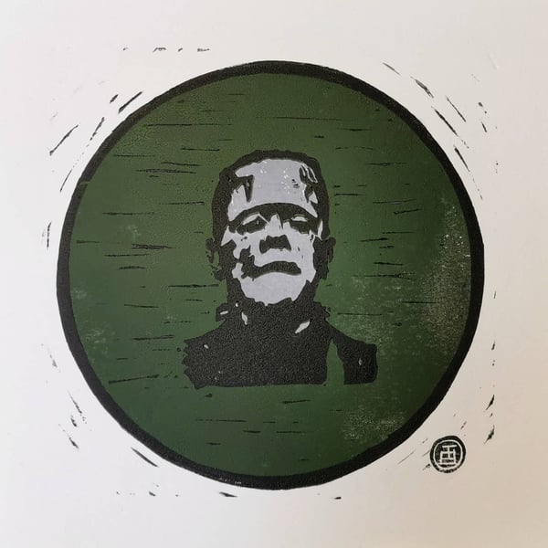 Frankenstein's monster linocut print.