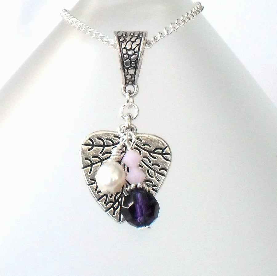 Pearl and crystal charm necklace, with purple Swarovski crystal elements