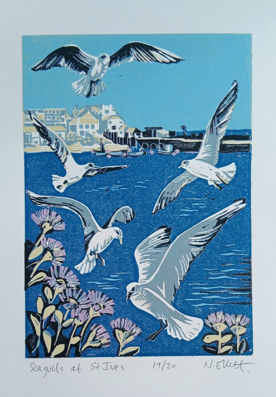 'Seagulls at St Ives' - linoprint