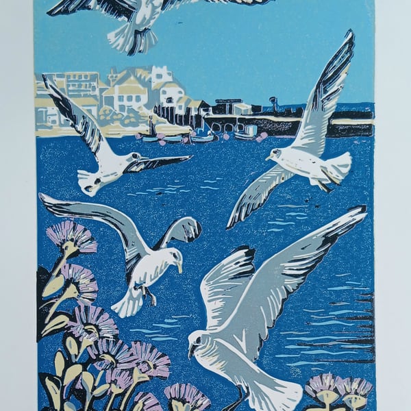 'Seagulls at St Ives' - linoprint