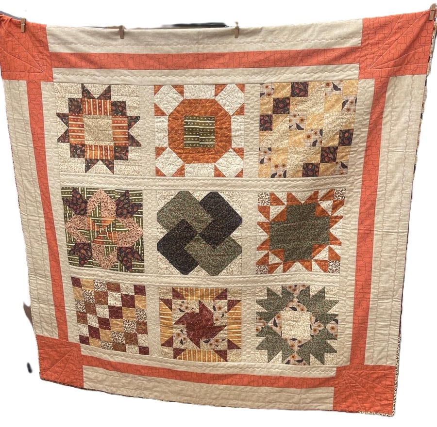 Handmade Autumn Sampler Quilt - Reversible Pumpkin Patchwork Throw