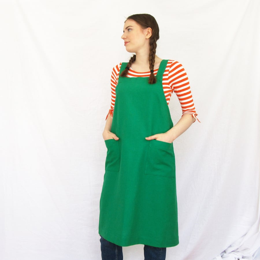 Linen Cross Back Apron - Japanese Style, No Ties. Green. Sale 40% off 