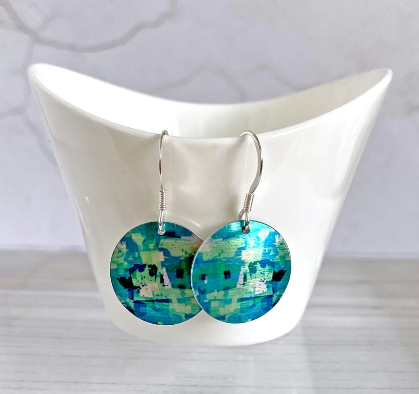 Turquoise teal drop earrings, discs dangle on sterling silver ear wires (694)