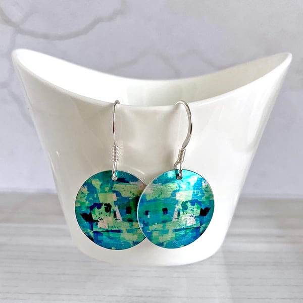 Turquoise teal drop earrings, discs dangle on sterling silver ear wires (694)