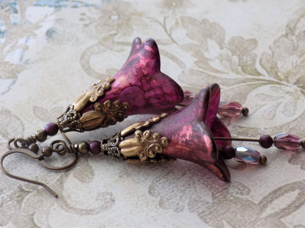 Burgundy Gold "Illusion of Time", Hand Painted Lucite Flower Earrings