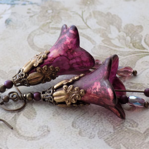 Burgundy Gold "Illusion of Time", Hand Painted Lucite Flower Earrings