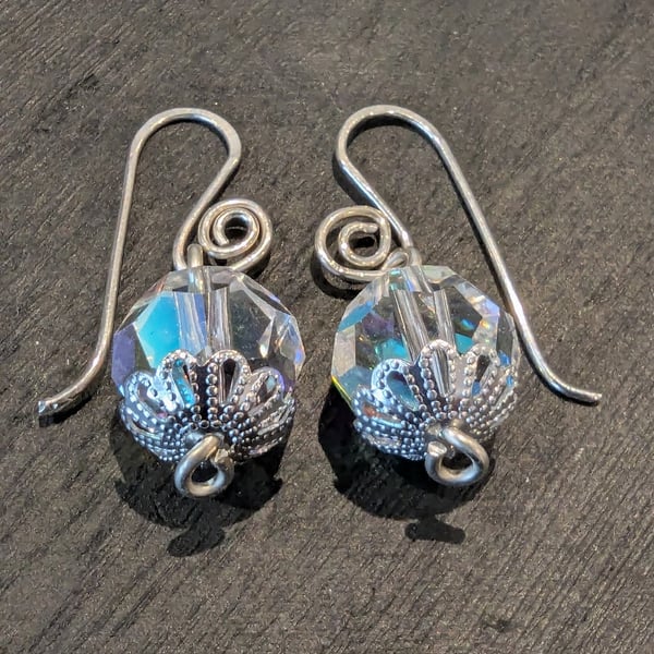 Clear Crystal AB rounds with Bead Caps on Sterling Silver Earwires