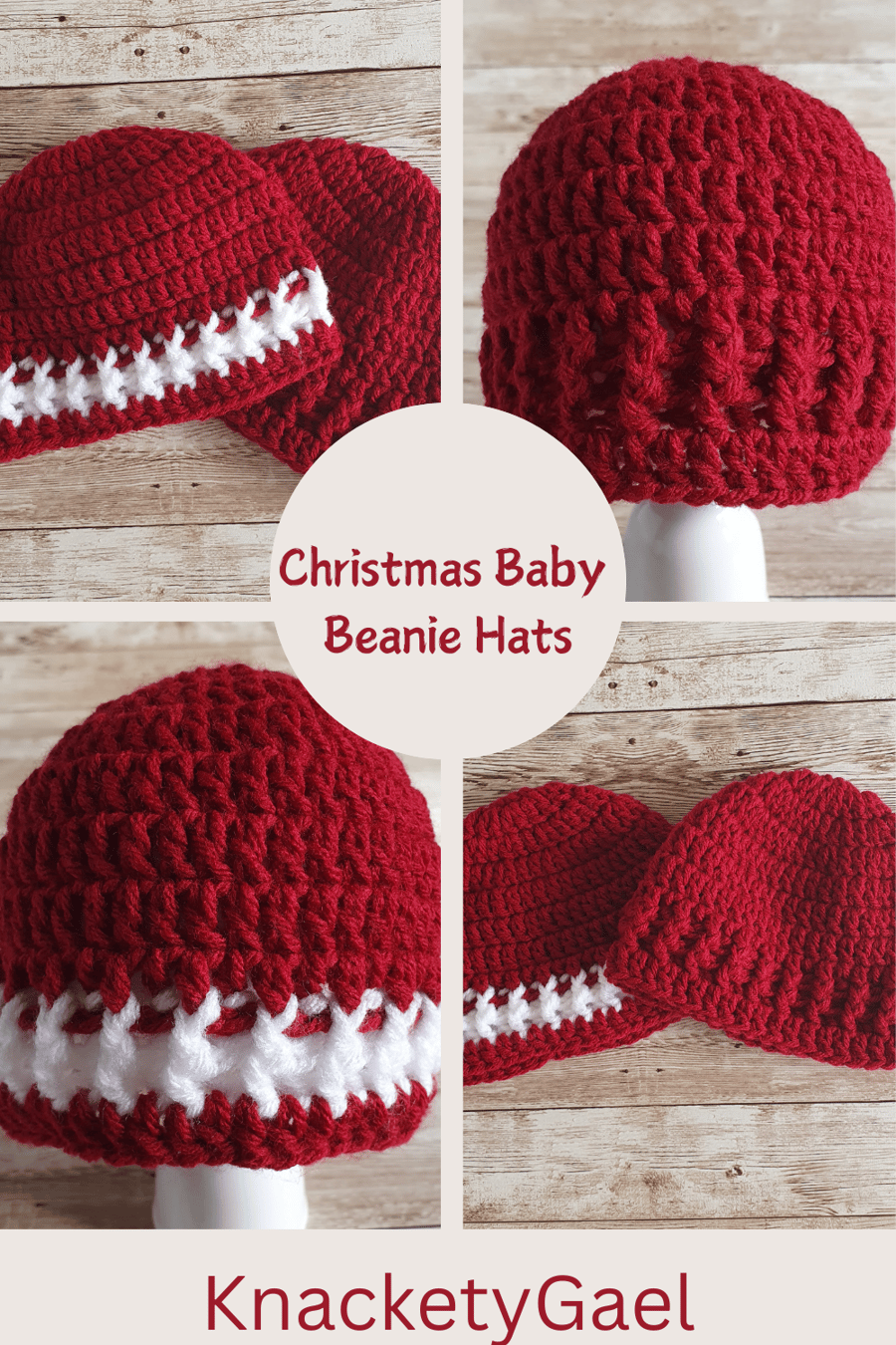 Two Christmas Baby Hats, in Red and White Crochet Beanie Hat in Two Sizes