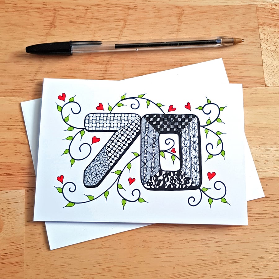 70th Birthday Card - Illustrated Doodle Milestone Card with Hearts