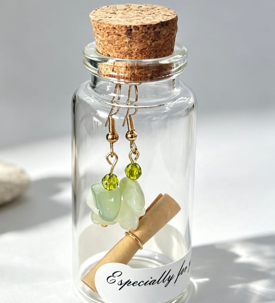 Bowenite & Olive Crystal Message in a bottle Earrings