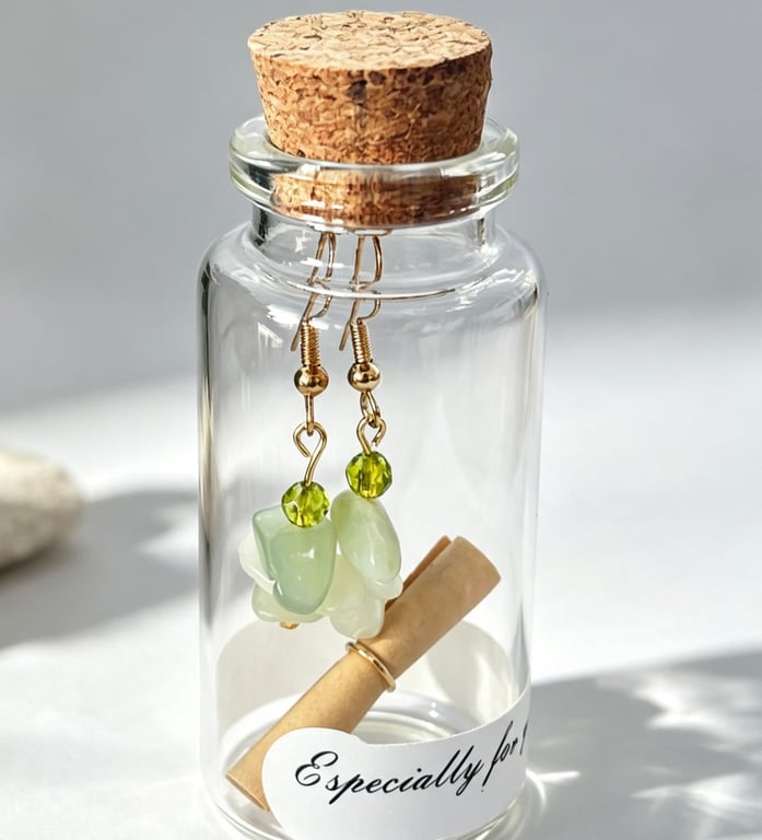 Bowenite & Olive Crystal Message in a bottle Earrings