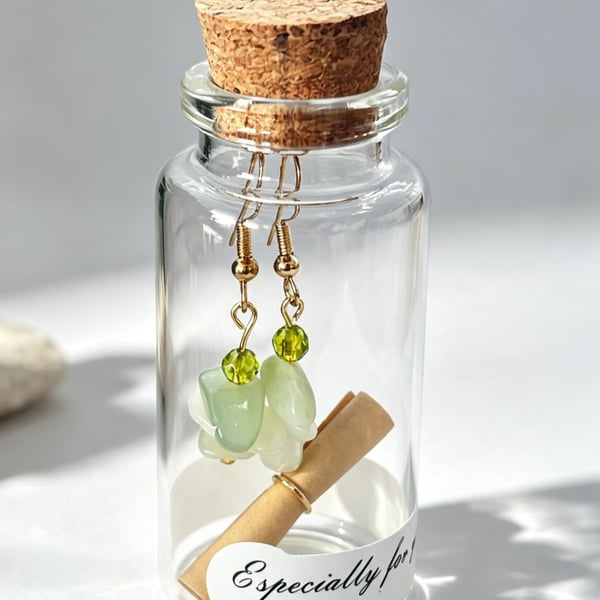 Bowenite & Olive Crystal Message in a bottle Earrings
