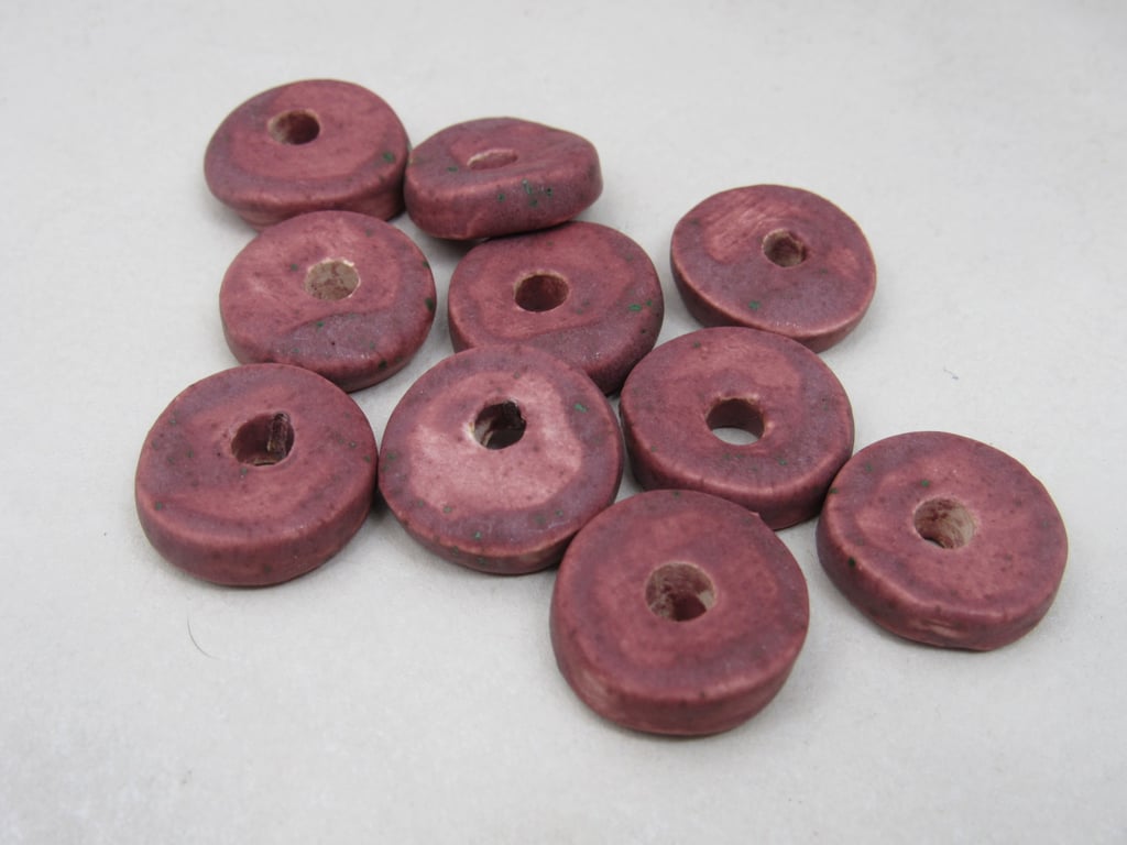 10 Medium Speckled Damson Purple Glazed Ceramic Washer Beads