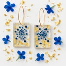 Blue Pressed Flower Resin Dangle Earrings with Gold Leaf