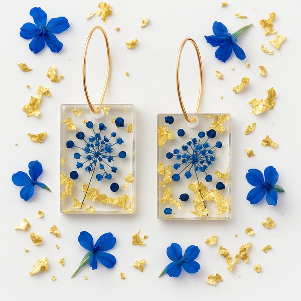 Blue Pressed Flower Resin Dangle Earrings with Gold Leaf