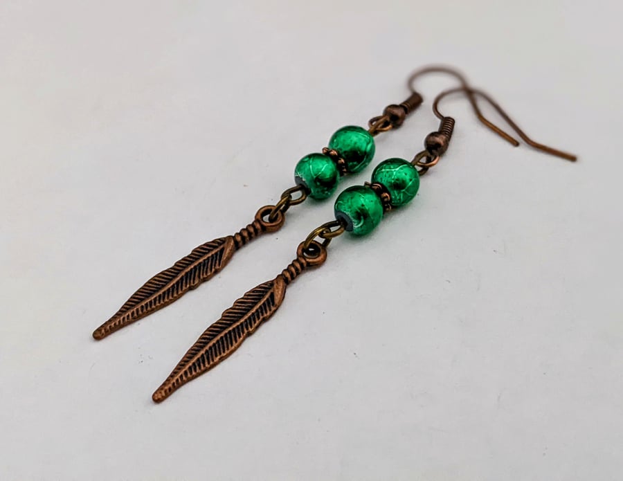 Emerald green and copper feather earrings