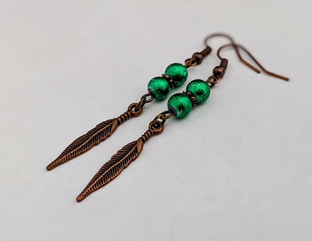 Emerald green and copper feather earrings