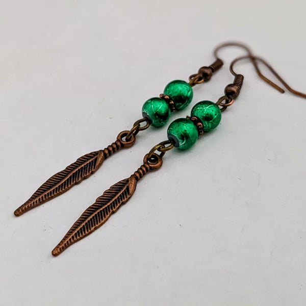 Emerald green and copper feather earrings