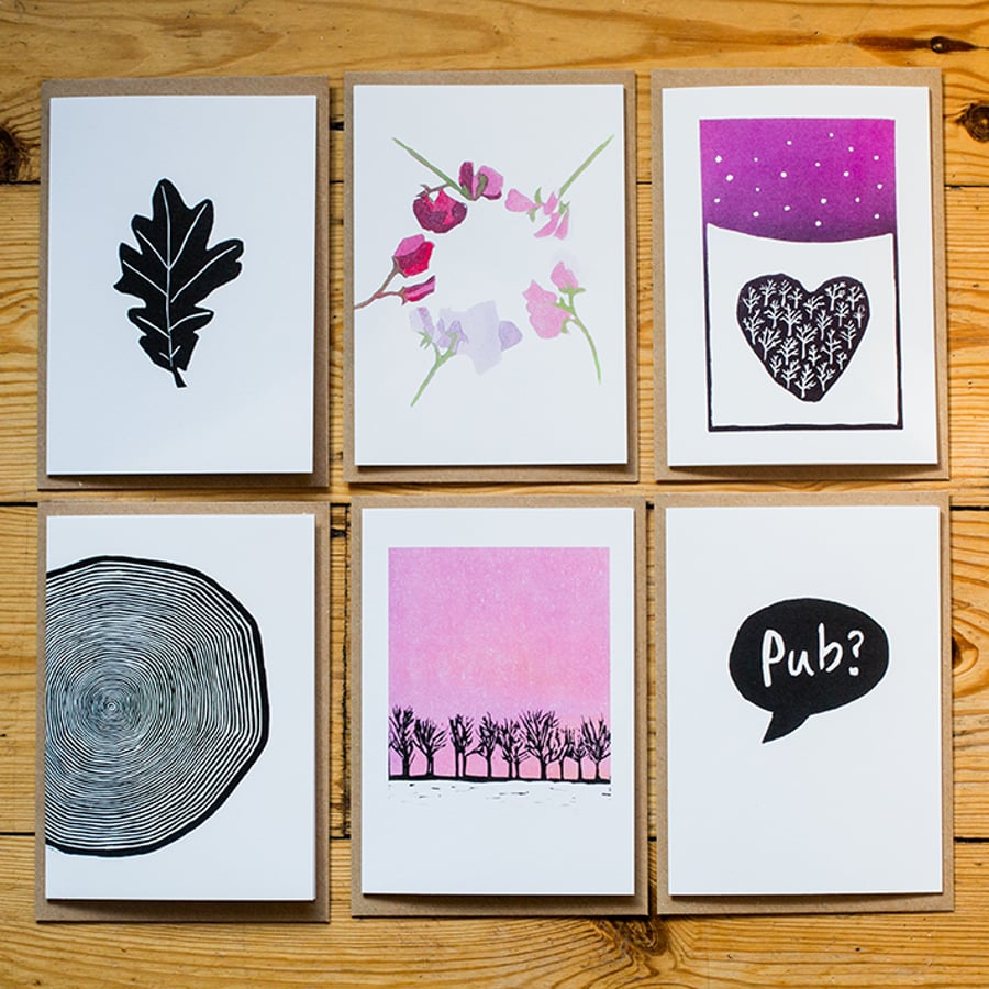 Set of SIX blank greetings cards - TREES, NATURE AND THE GOOD OLD PUB!