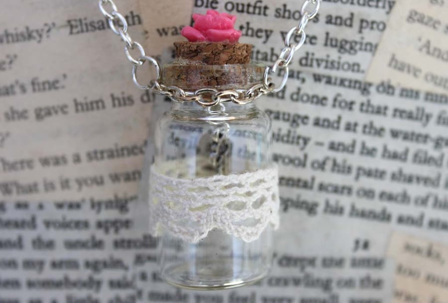 Rose Key Charm Glass Bottle Pendant Silver Necklace
