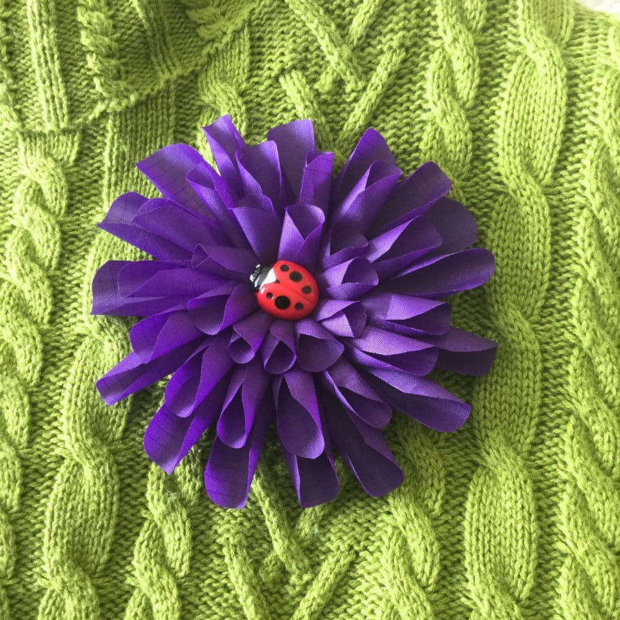 Hand Made Purple Fabric Flower Corsage with Ladybird Centre