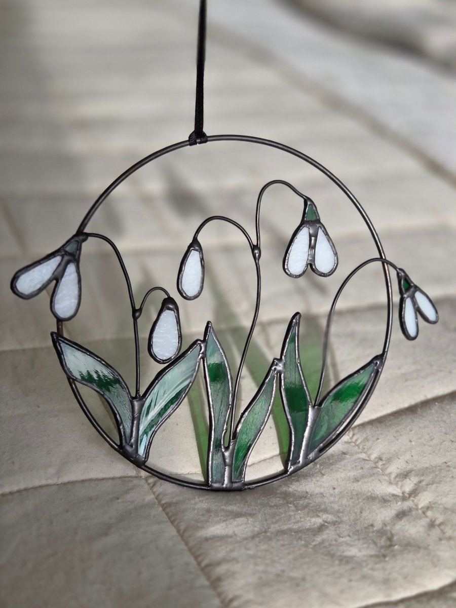 Snowdrop stained glass wreath handmade wall or window hanging decoration
