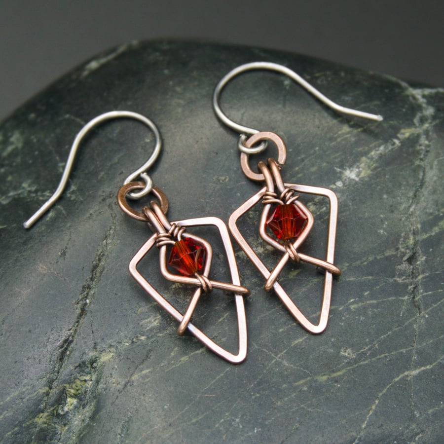 Hammered Copper Arrowhead Earrings with Faceted Red Glass Beads