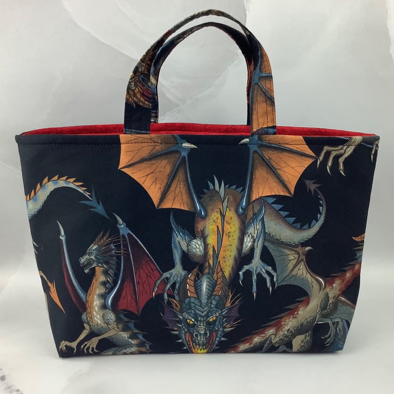 Fiery dragons tote bag, Gothic shopper, handmade in Sussex