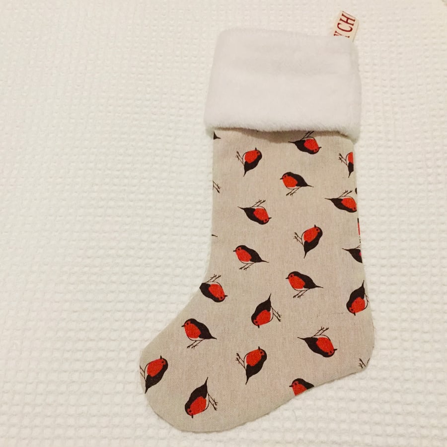 Red Robin Christmas Stocking With Fur Cuff 