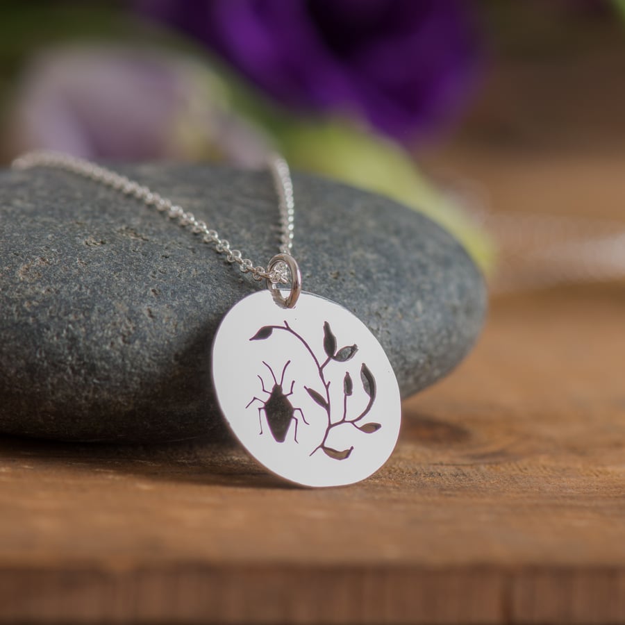 Hand Sawn Beetle and Branch Sterling Silver Necklace 