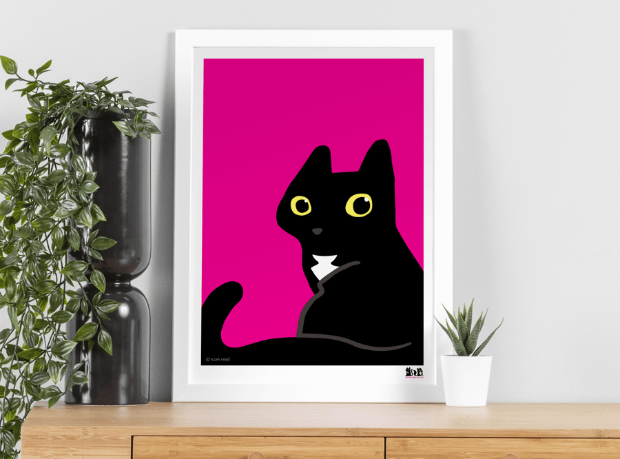 Cheeky black cat A3 Art Print, Bright cerise Art Print for cat lovers