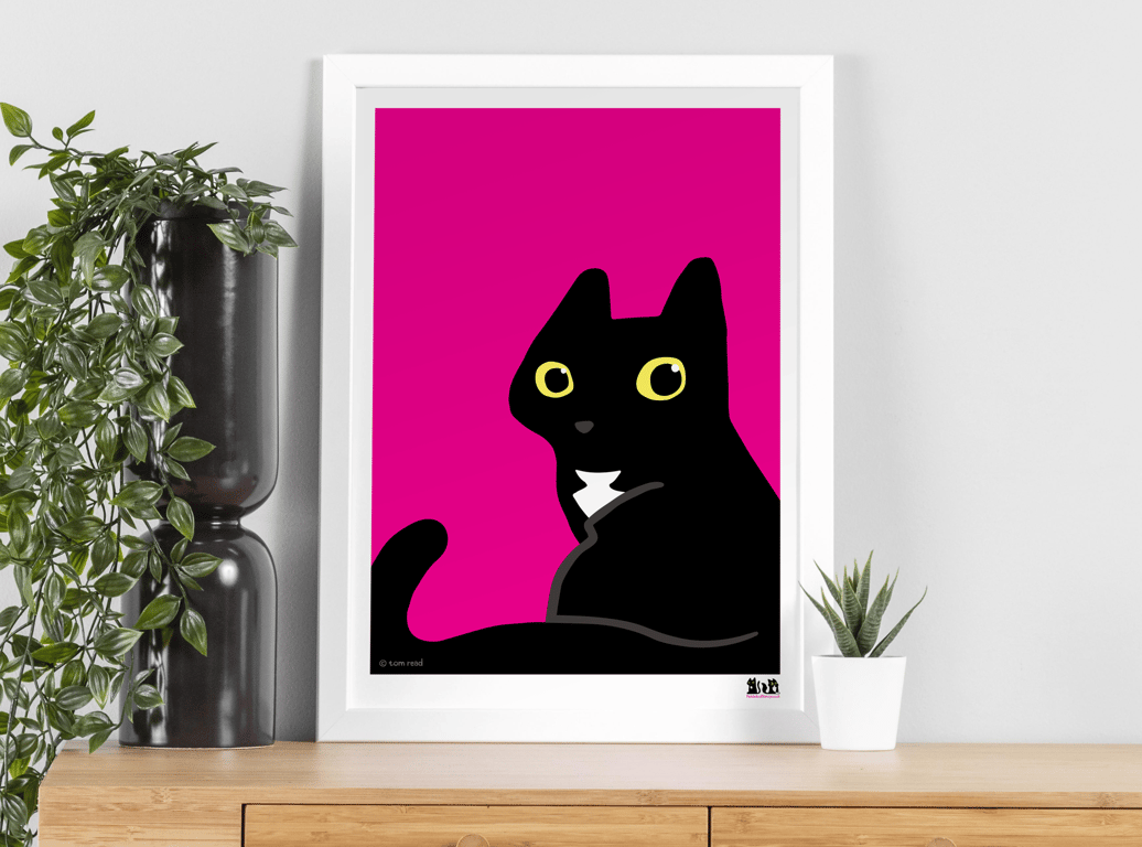 Cheeky black cat A3 Art Print, Bright cerise Art Print for cat lovers