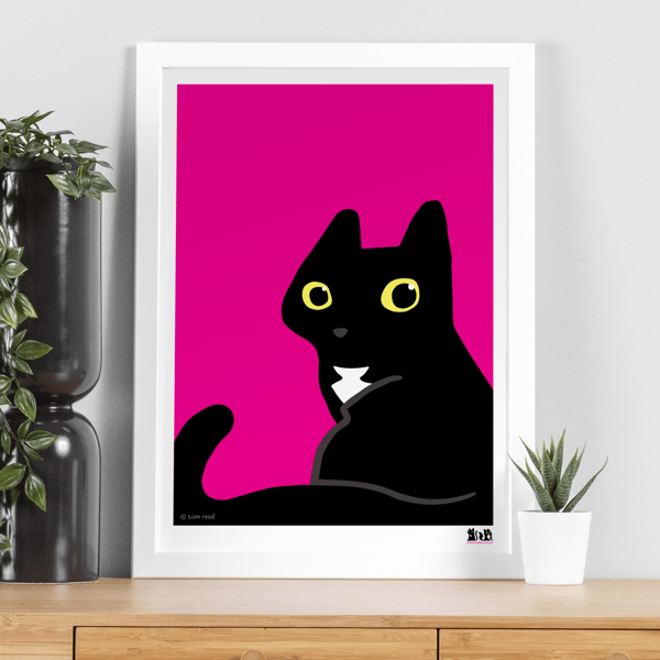 Cheeky black cat A3 Art Print, Bright cerise Art Print for cat lovers