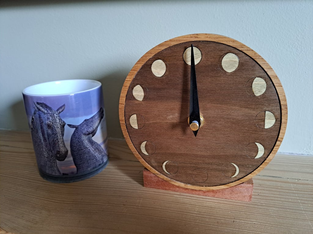 Moon phase lunar clock - handmade, walnut and Scottish oak