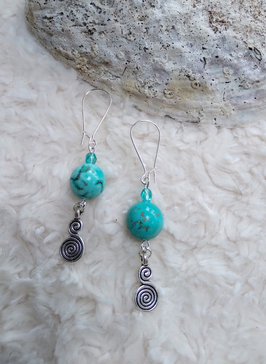 Smooth TURQUOISE gemstone and crystal silvertone EARRINGS