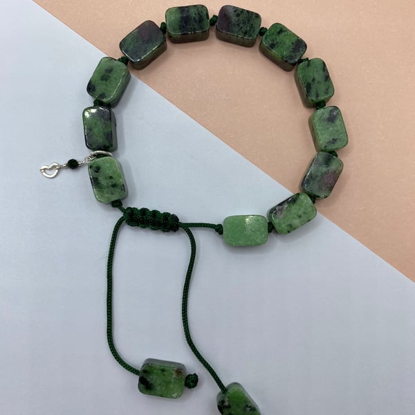 Green macrame cord bracelet with rectangular ruby zoisite stones 