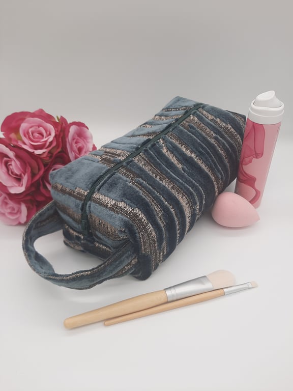 Teal Green velour boxed toiletries bag with handle, lined zipped pouch.  