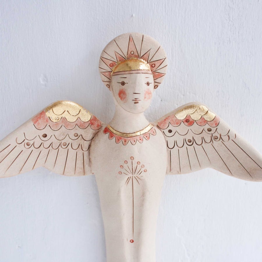 Archangel wall sculpture-ceramic wall art-gold leaf-angel art